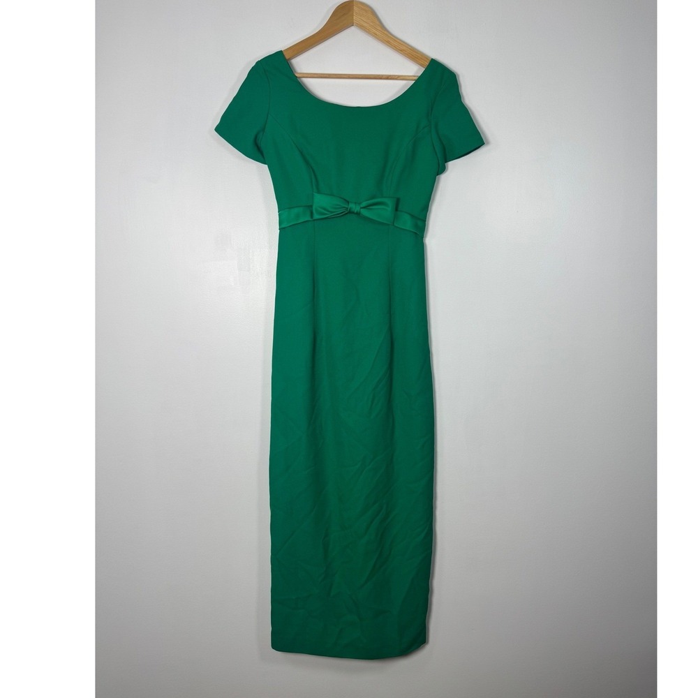Vintage Jim Hjelm Occasions Womens 6 Column Gown Green Satin‎ Bow Back Buttons